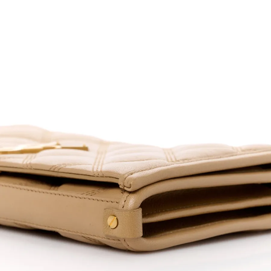 Saint Laurent Medium Becky Chain Wallet Natural Tan Diamond Quilted Lambskin Leather Gold Hardware