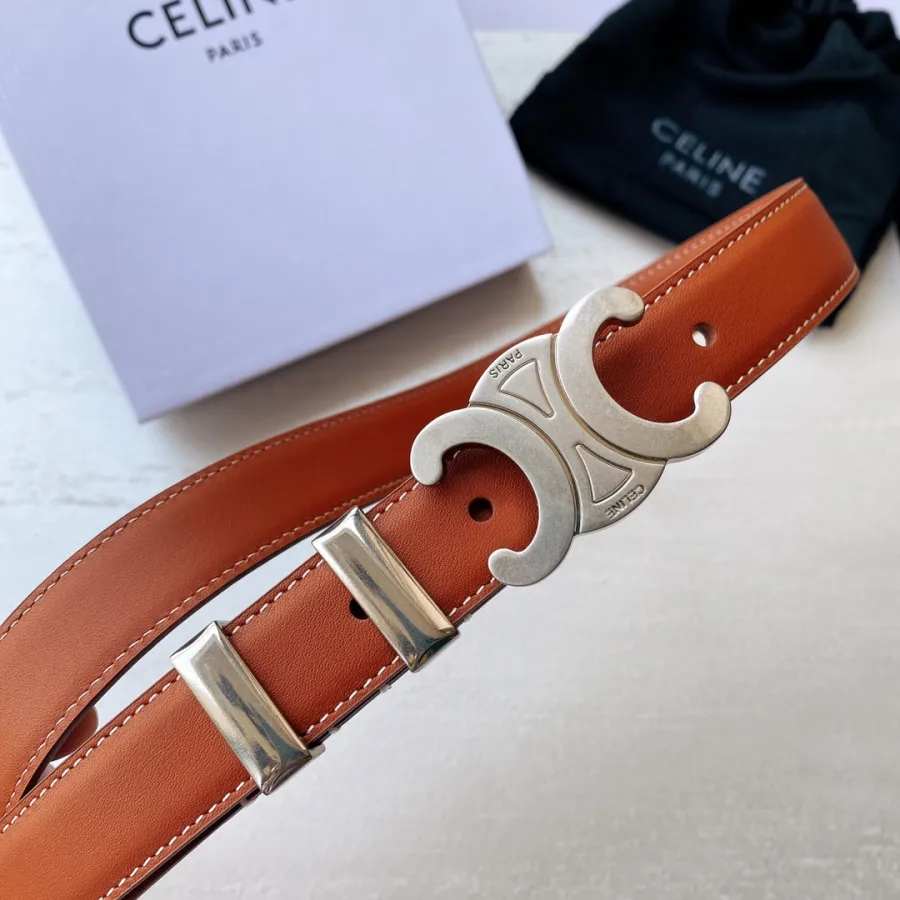 Celine Triomphe Buckle Belt In White/Brown/Black Calfskin With Gold Hardware 25mm