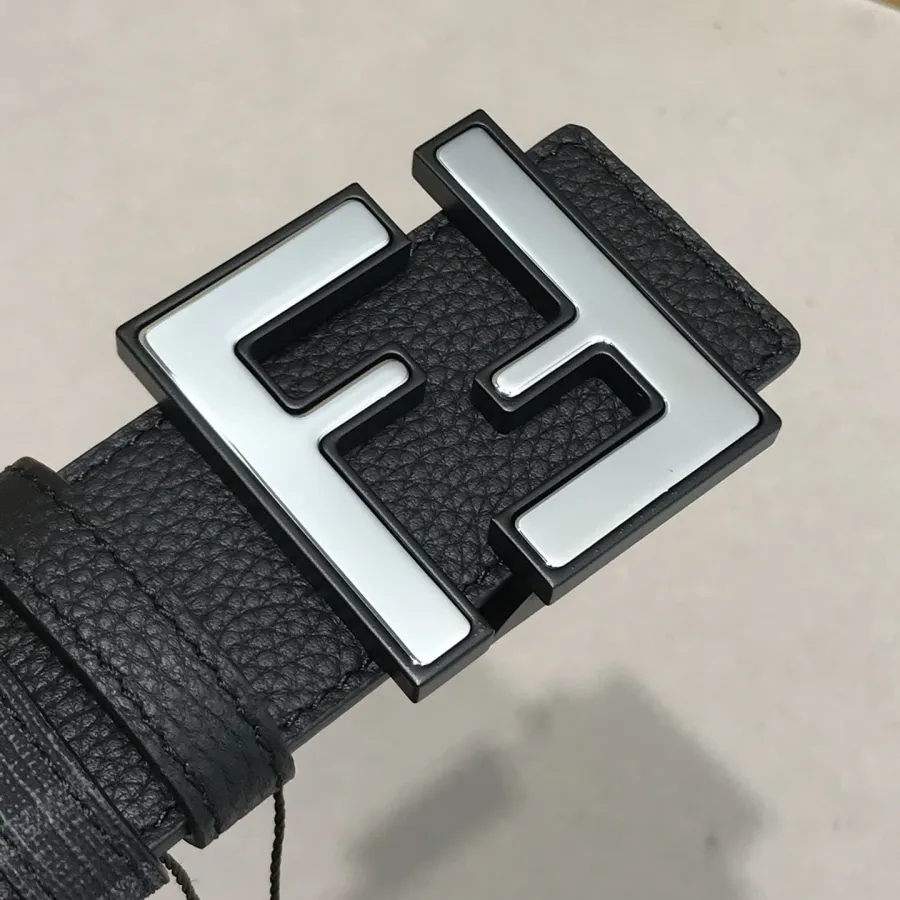 Fendi Men's Rounded FF Reversible Belt In Black/Blue Calfskin And Monogram Canvas With Silver Hardware 38MM