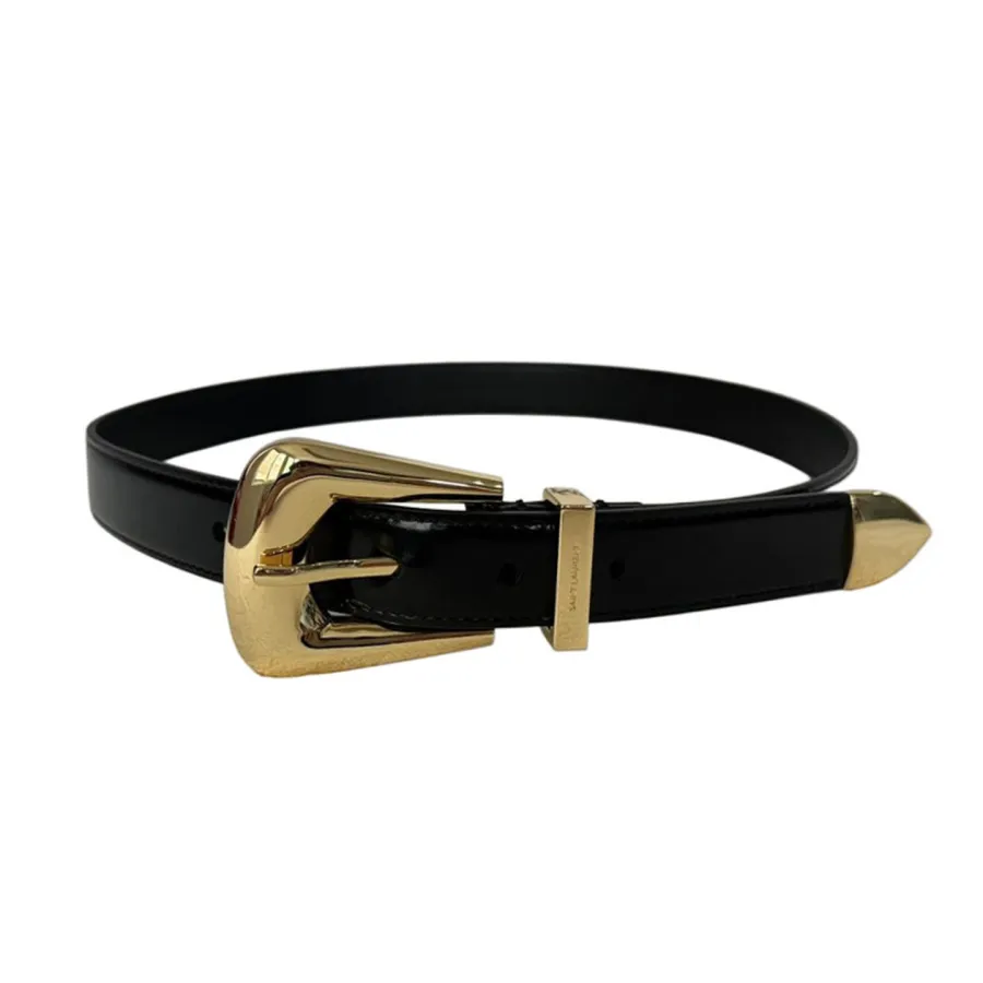 Saint Laurent Folk Buckle Belt In Black Brushed Leather With Gold/Silver Hardware 25mm