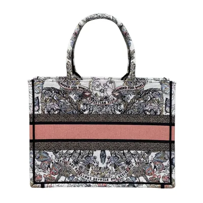 Dior Medium Book Tote White Pastel Pink Butterfly Around The World Embroidered Canvas