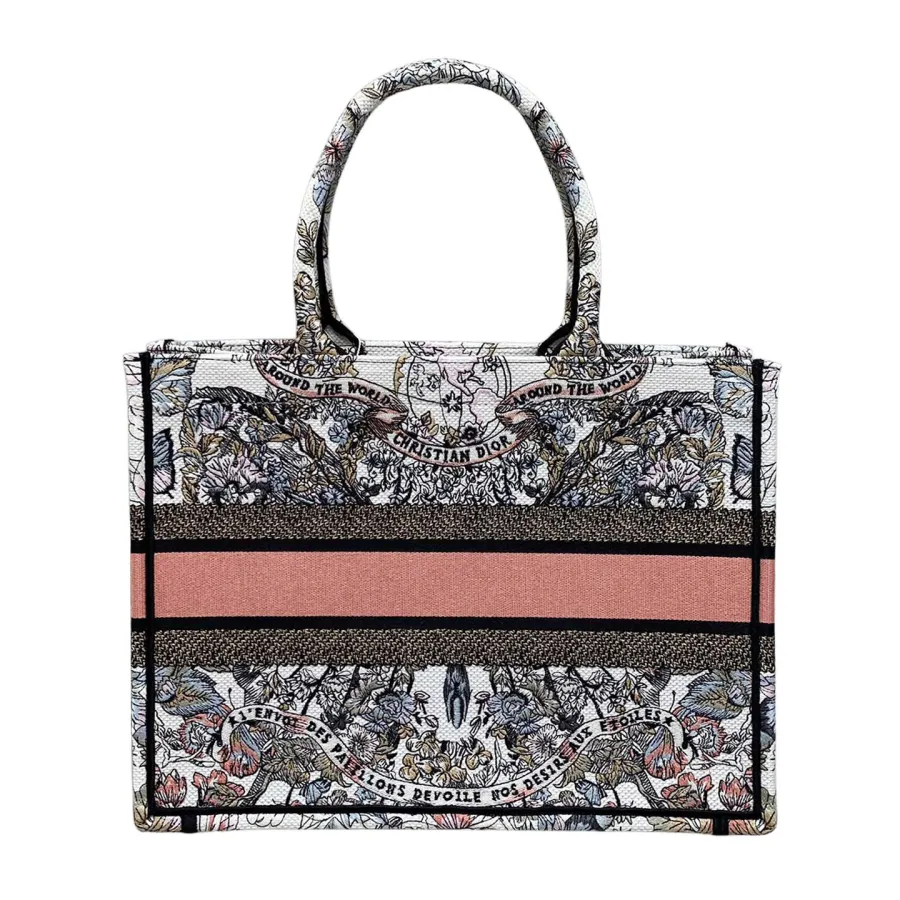 Dior Medium Book Tote White Pastel Pink Butterfly Around The World Embroidered Canvas