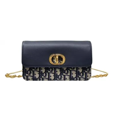 Dior Miss Caro Pouch with Chain In Blue Dior Oblique Jacquard and Smooth Calfskin Gold Hardware