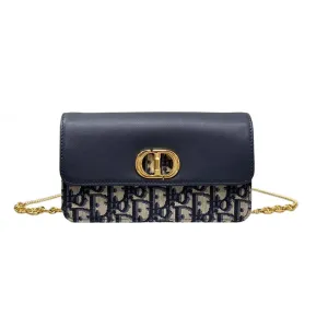 Dior Miss Caro Pouch with Chain In Blue Dior Oblique Jacquard and Smooth Calfskin Gold Hardware