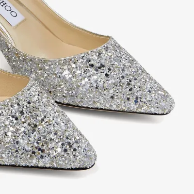 JIMMY CHOO Silver coarse grain glitter fabric pointed heels