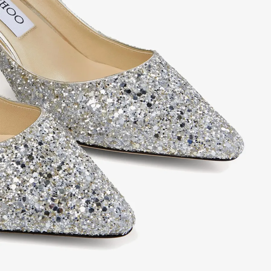 JIMMY CHOO Silver coarse grain glitter fabric pointed heels
