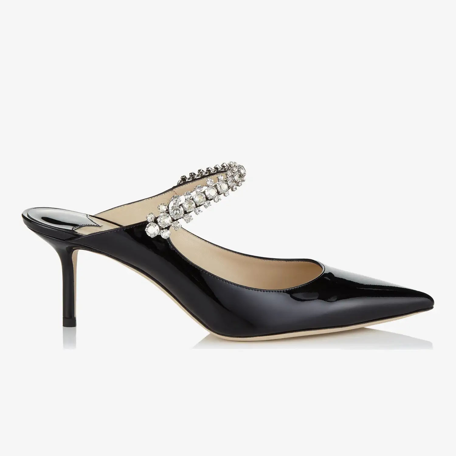 JIMMY CHOO Sapatilhas Muller de couro verniz preto com cristais e laço