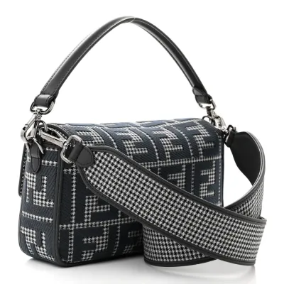 Fendi FF Embroidered Baguette Grigio / Anthracite Houndstooth Wool & King Vitello Leather Ruthenium Hardware