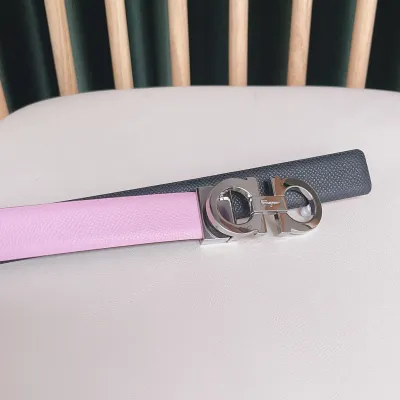 Ferragamo Women's Reversible Double Gancini Belt In Pink/Blue/Pale Pink Calfskin With Gold/Silver Hardware 25mm