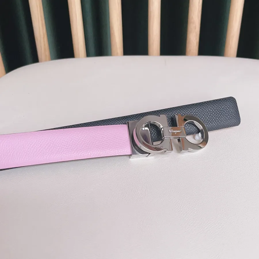 Ferragamo Women's Reversible Double Gancini Belt In Pink/Blue/Pale Pink Calfskin With Gold/Silver Hardware 25mm