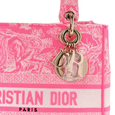 Dior Medium Toile De Jouy Lady D-Lite Fluorescent Pink Reverse Embroidered Canvas Gold Hardware