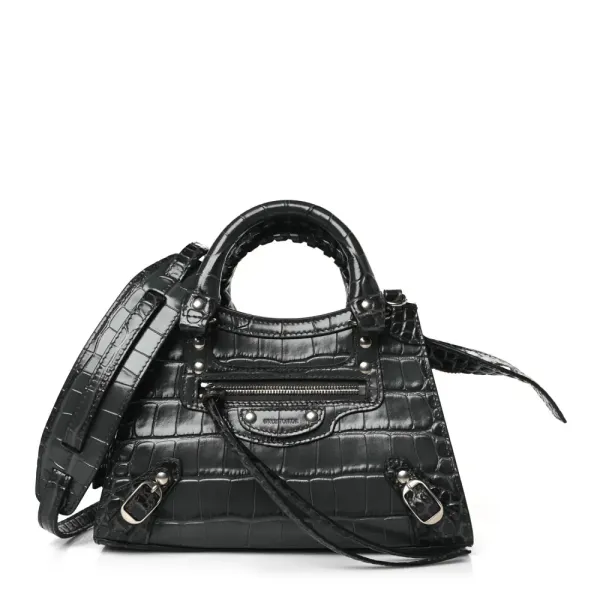 Balenciaga Mini Neo Classic City Bag Dark Grey Crocodile Embossed Calfskin Leather Silver Hardware