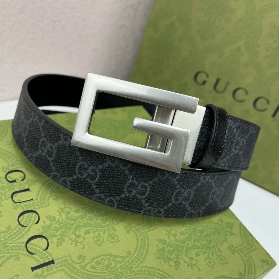 Gucci Men's Square G Buckle Reversible Belt In Black/Brown/Beige Monogram Calfskin And Canvas With Gold/Silver Hardware 25mm