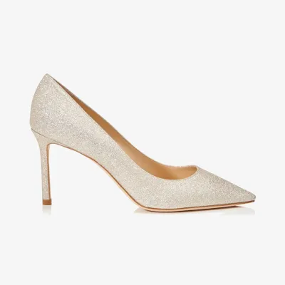 JIMMY CHOO Beige micro-shimmer pointed heels