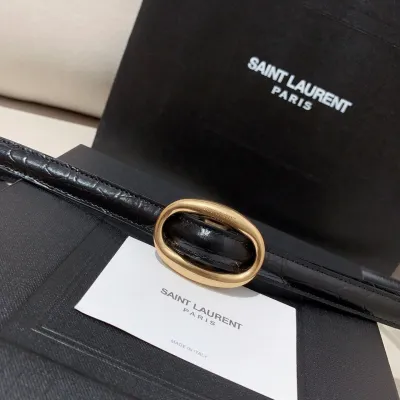 Saint Laurent Oval Buckle Thin Belt In Black Calfskin With Gold/Silver Hardware 15mm