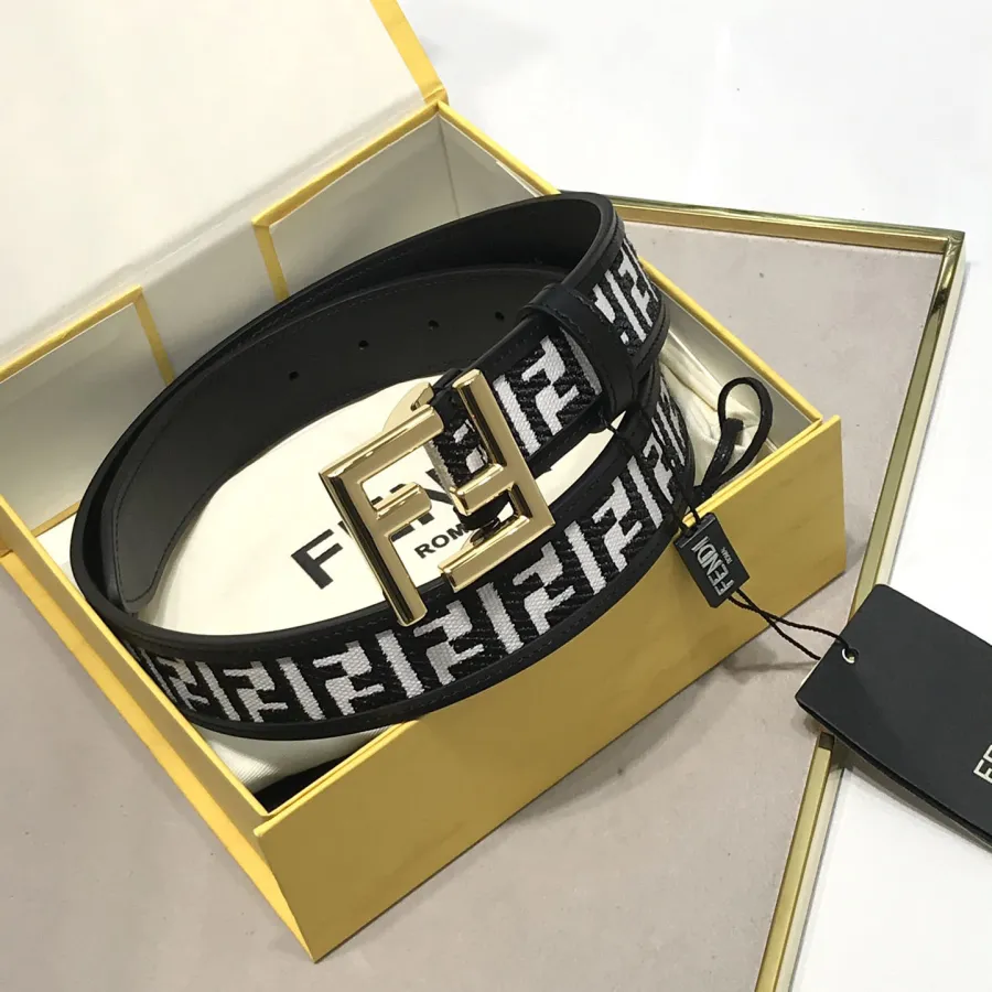 Fendi Men's FF Buckle Belt In Black/White FF Canvas With Gold/Silver Hardware 35mm