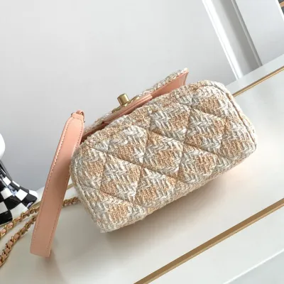 Chanel Box style plaid tweed orange with yellow/pink/green handbag crossbody bag