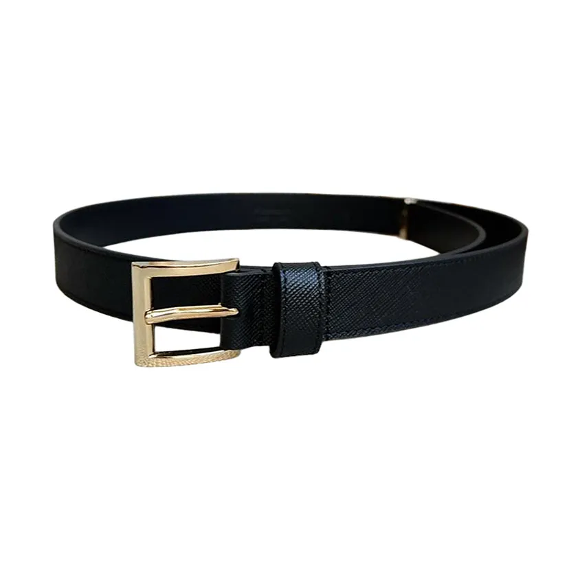 Prada Women' s Square Buckle Belt In Brown/Black Calfskin With Gold/Silver Hardware 25mm