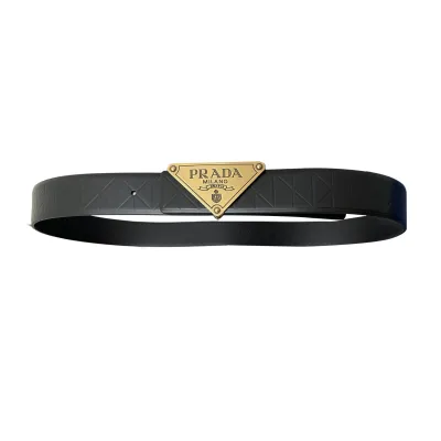 Prada Men' s Triangled Buckle Belt In Black Calfskin With Gold/Silver/Black Hardware 35mm