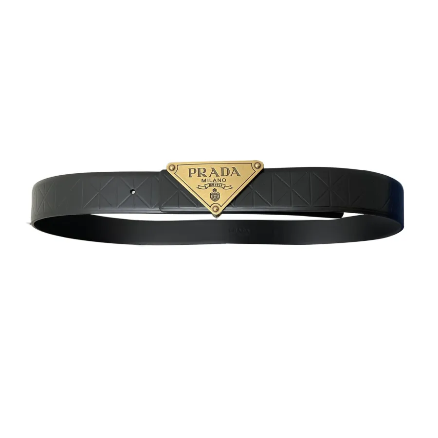 Prada Men' s Triangled Buckle Belt In Black Calfskin With Gold/Silver/Black Hardware 35mm