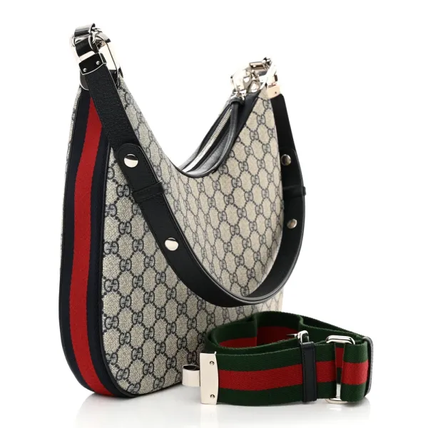 Gucci Large Web Attache Shoulder Bag Beige/Blue GG Supreme Monogram Canvas & Textured Calfskin Leather Silver Hardware - Image 3