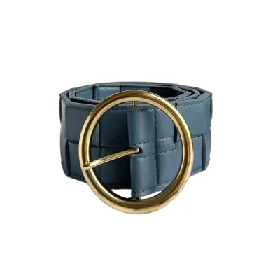 Bottega Veneta Women's Round Buckle Maxi Intrecciato Adjustable Belt In Pink/Blue/White/Coffee/Black Calfskin With Gold Hardware 60mm