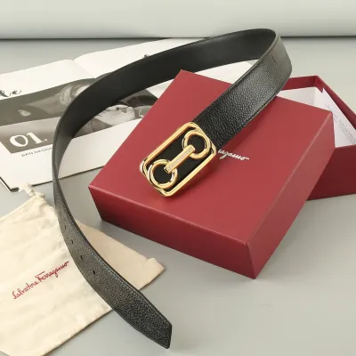 Ferragamo Men's Horsebit Buckle With Crystal Belt In Black Calfskin With Gold/Silver Hardware 38mm