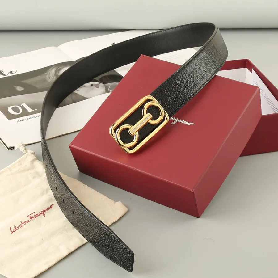 Ferragamo Men's Horsebit Buckle With Crystal Belt In Black Calfskin With Gold/Silver Hardware 38mm