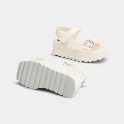 Roger Vivier Slidy Viv' Wedge Sandals In White Calfskin Leather With Crystal Buckle (Heel Height 6.5cm)