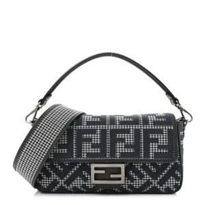 Fendi FF Embroidered Baguette Grigio / Anthracite Houndstooth Wool & King Vitello Leather Ruthenium Hardware