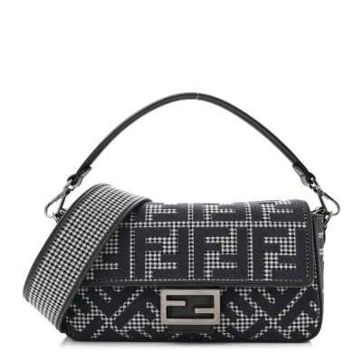Fendi FF Embroidered Baguette Grigio / Anthracite Houndstooth Wool & King Vitello Leather Ruthenium Hardware