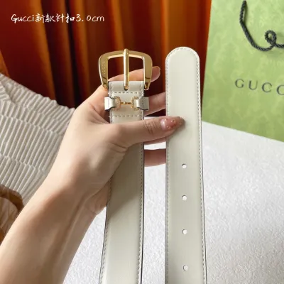 Gucci Women's Square Buckle With Beading Horsebit Thin Belt In White/Black Smooth Calfskin With Gold/Silver Hardware 30mm