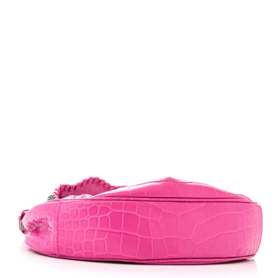 Balenciaga XS Le Cagole Shoulder Bag Lipstick Pink Crocodile Extra Embossed Supple Calfskin Leather Silver Hardware