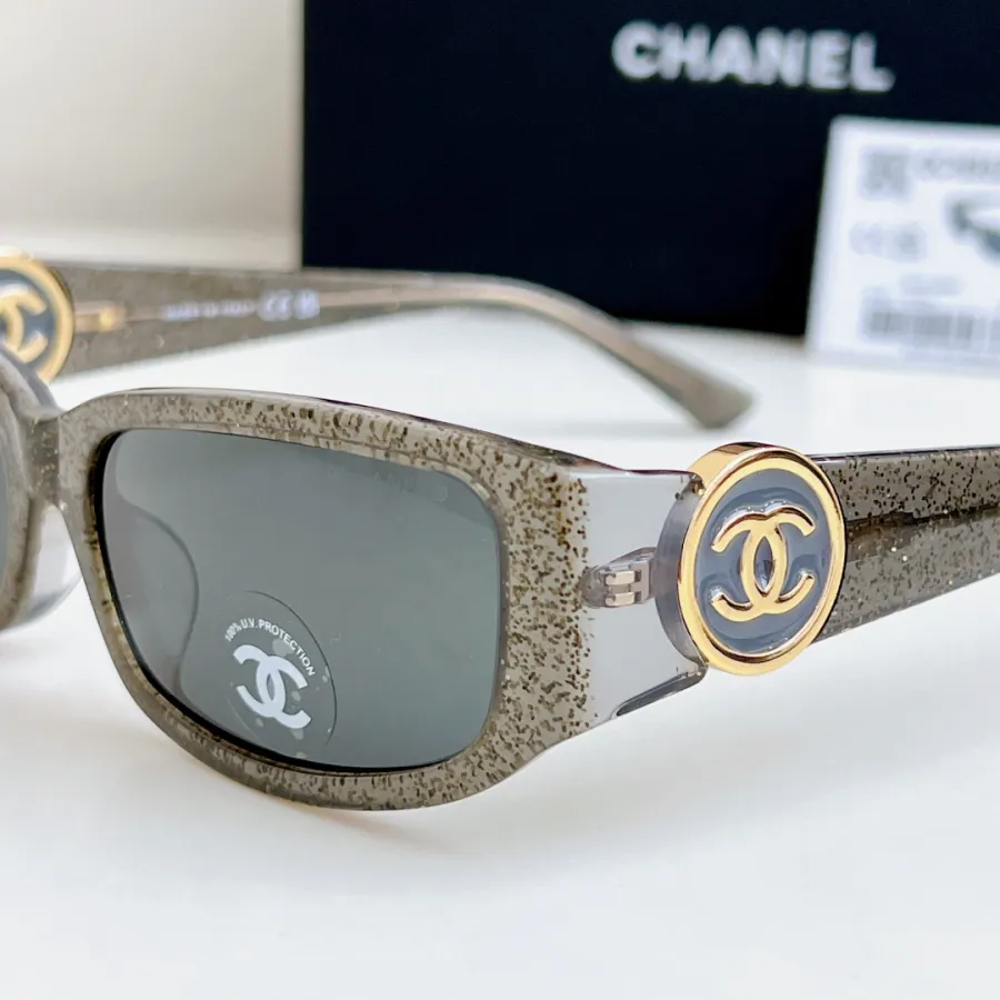 CHANEL square frame glasses grey gold color size 56-18-137