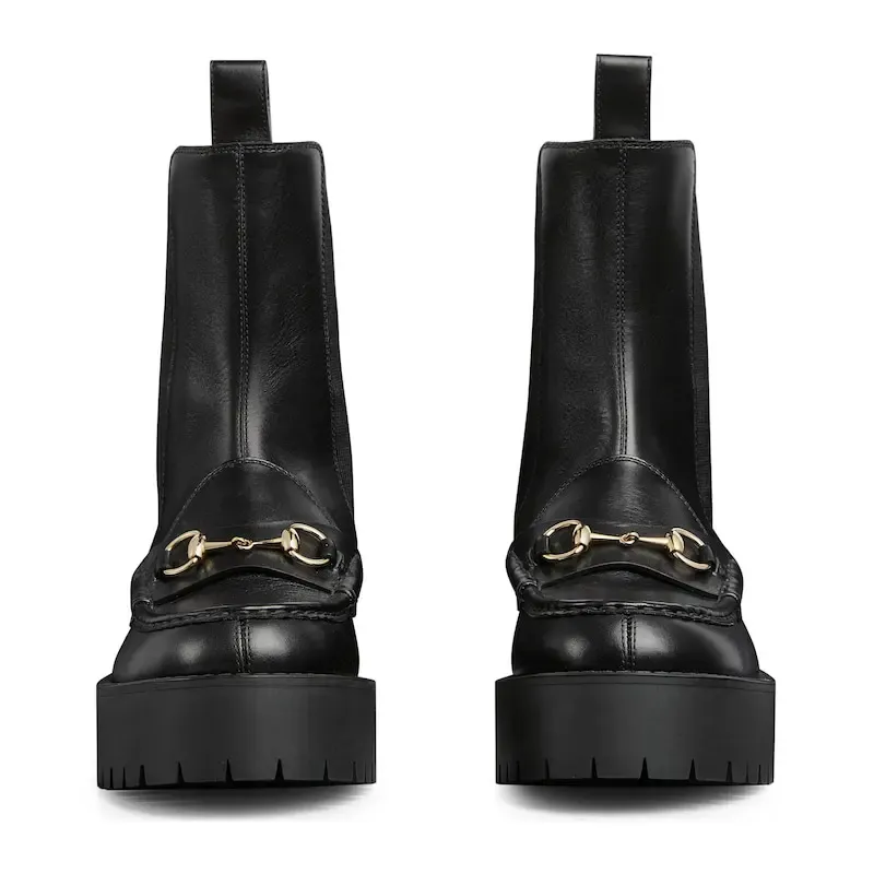 Gucci black Groove sole horseneck buckle boots