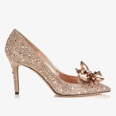 JIMMY CHOO Rose gold crystal studded pointy heels