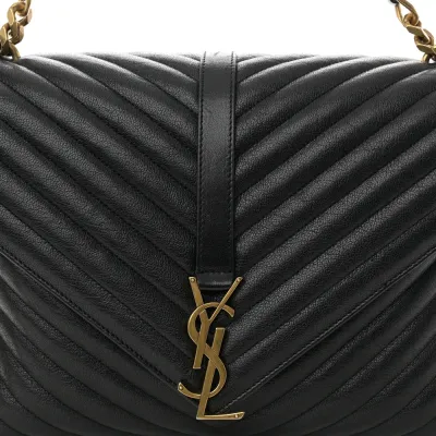 Saint Laurent Large College Satchel Black Chevron Monogram Sheepskin Matelasse Leather Aged Gold Hardware