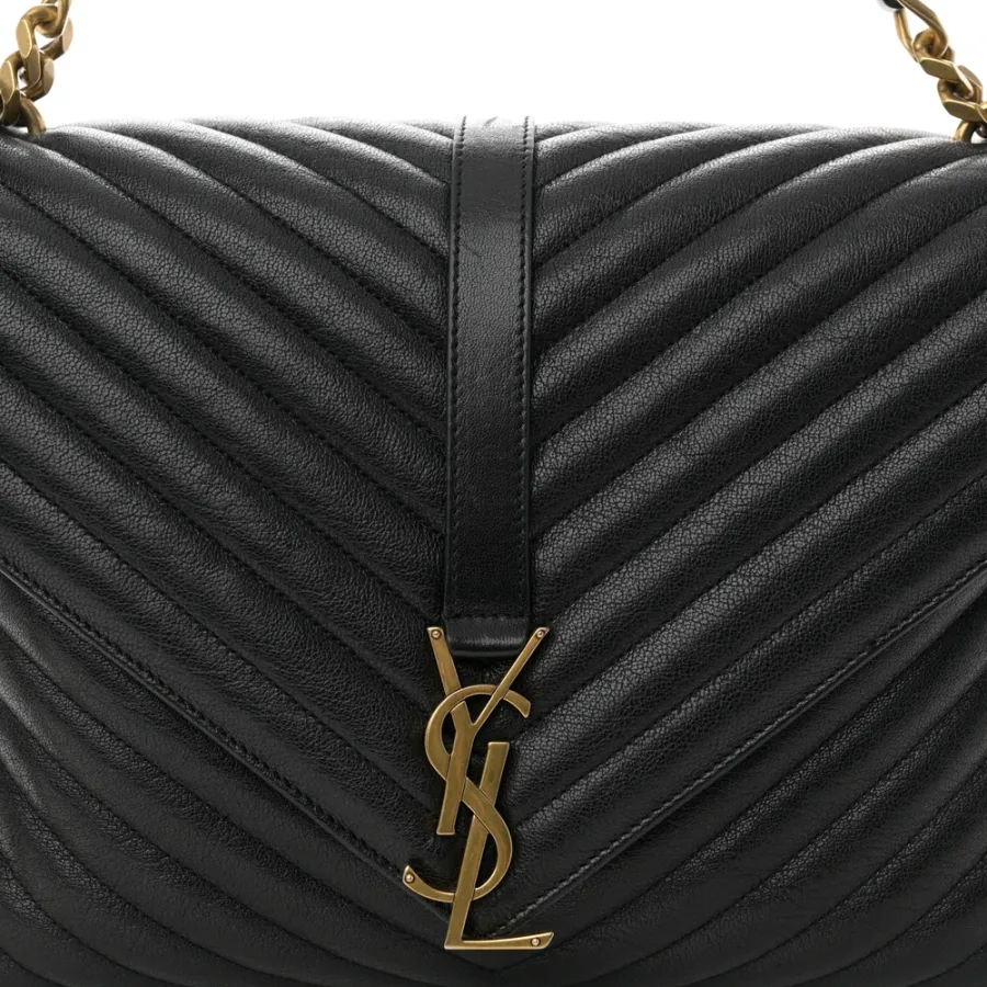 Saint Laurent Large College Satchel Black Chevron Monogram Sheepskin Matelasse Leather Aged Gold Hardware