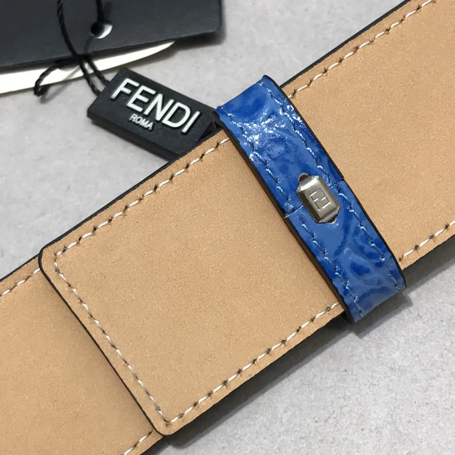 Fendi Men's FF Buckle Belt In Blue/Grey Crocodile-Embossed Leather With Gold/Silver Hardware 40mm