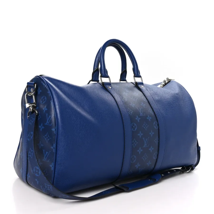 Louis Vuitton Keepall Bandouliere 50 Pacific Blue Taiga Leather & Monogram Eclipse Canvas Silver Hardware