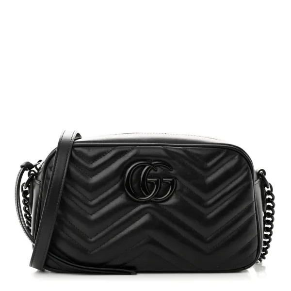 Gucci Small GG Marmont Chain Shoulder Bag Black Calfskin Leather Black Hardware