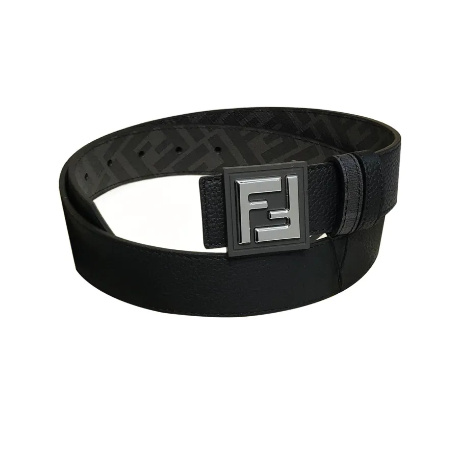 Fendi Men's Square Buckle Belt In Black/Brown Grained Calfskin And Monogram Canvas With Gold/Silver Hardware 35mm