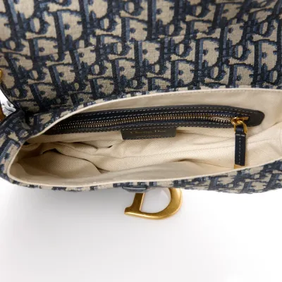 Dior Medium Saddle Bag Blue Oblique Canvas Brass Hardware