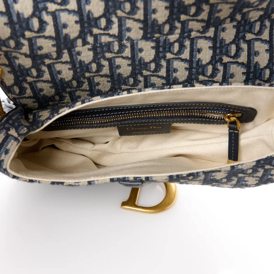 Dior Medium Saddle Bag Blue Oblique Canvas Brass Hardware