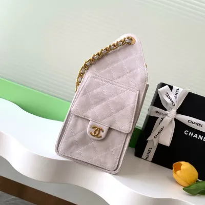 Chanel Pink / Green Quilted Shiny Calfskin Leather / Abrasive Sand Leather Shoulder Bags