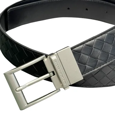 Bottega Veneta Men's Watch Buckle Intrecciato Belt In Black/Grey/Blue/Coffee Calfskin With Silver/Gun Black Hardware 35mm