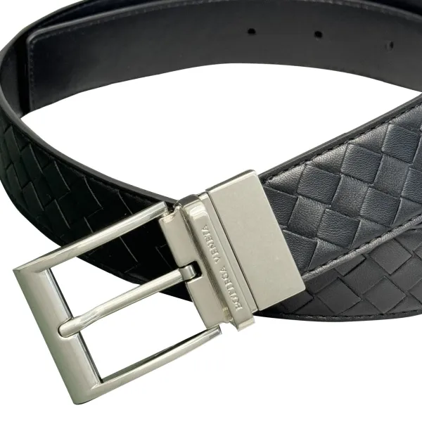 Bottega Veneta Men's Watch Buckle Intrecciato Belt In Black/Grey/Blue/Coffee Calfskin With Silver/Gun Black Hardware 35mm - Image 4