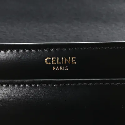 Celine Small Triomphe Chain Shoulder Bag Black Shiny Calfskin Leather Gold Hardware