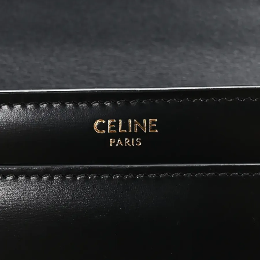 Celine Small Triomphe Chain Shoulder Bag Black Shiny Calfskin Leather Gold Hardware