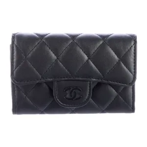 Chanel Small Card Holder Flap Trifold Wallet Black Quilted Leather